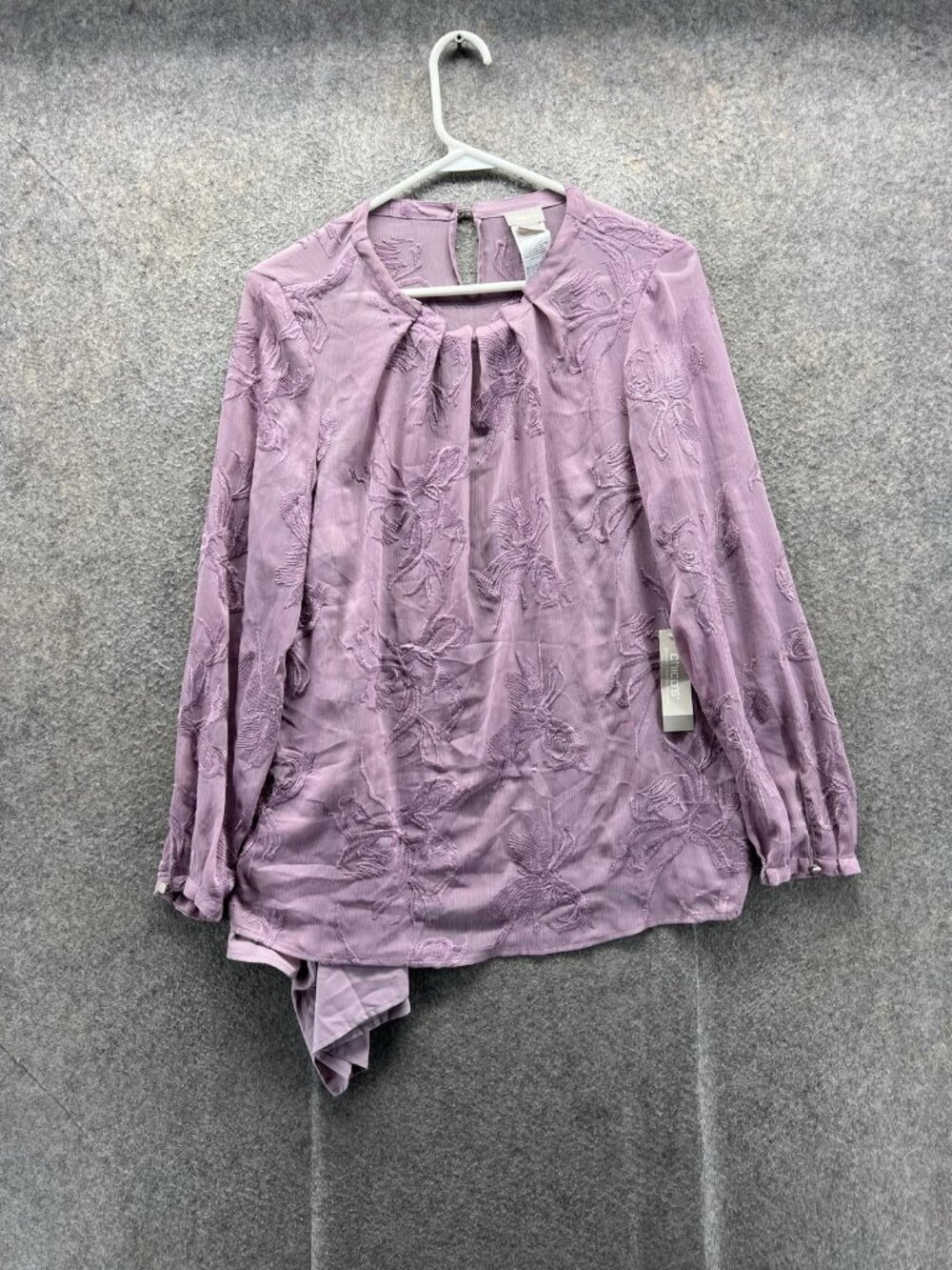 Chico's Blouse Women 0 Purple Embroidered Floral Round Neck Long Sleeve Lined